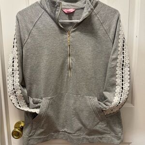 Lilly Pulitzer Gray Hoodie with White Lace Sleeves